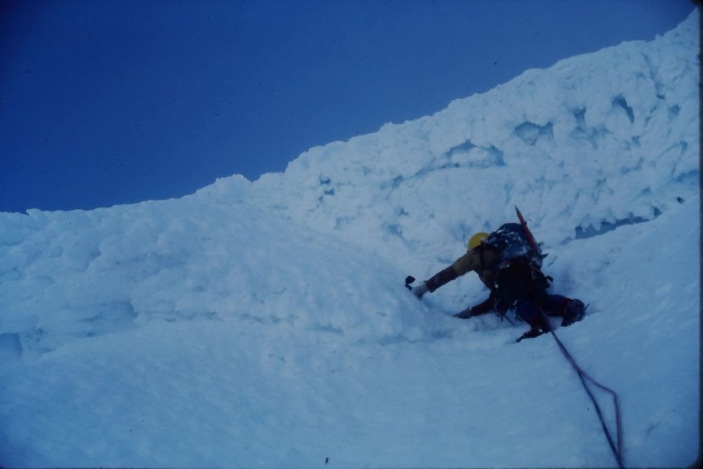 A friendlier set of cornices to exit from Zero Gully - Tony Furniss leading.