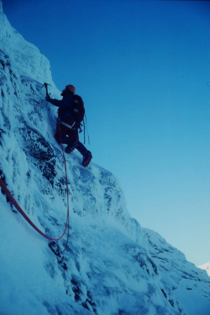 Chris Bonnington getting ahead on the Slab Rib of the Orion Face before his mate's wobble