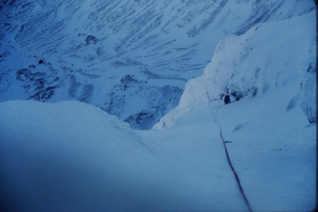 Tony Furniss above the ice cave after his altercation on the crux of the route.