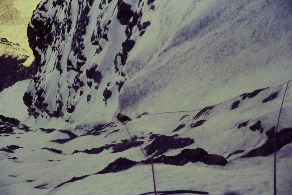 Steve in the more easy angled mid section of the couloir.