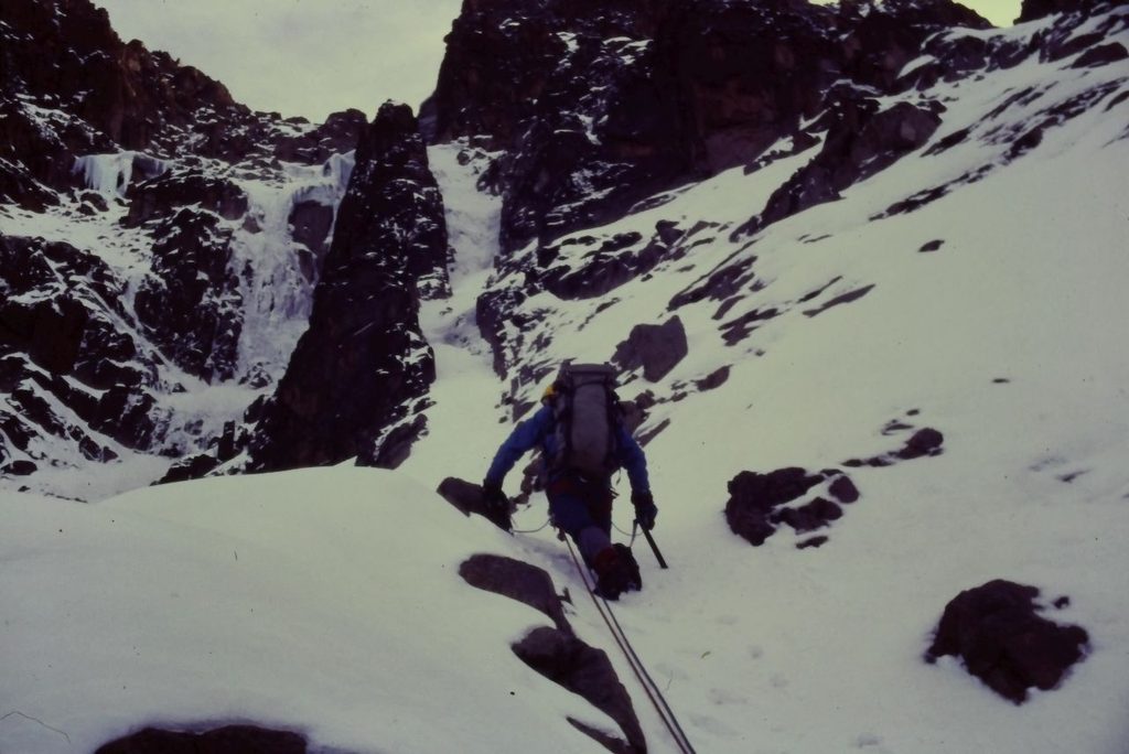 The Scottish gully of the Ice Window. Diamond Couloir headwall just to the left.