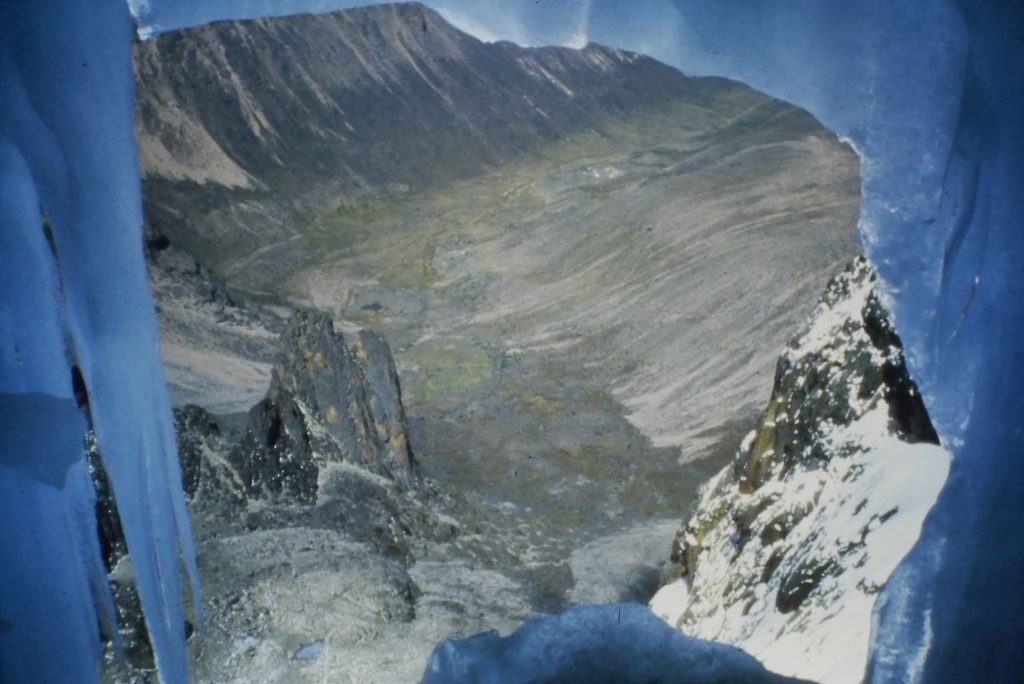 The view out of the "Ice Window", straight down the Diamond Couloir to American and mcKinders Camps and the Naro Moru valley