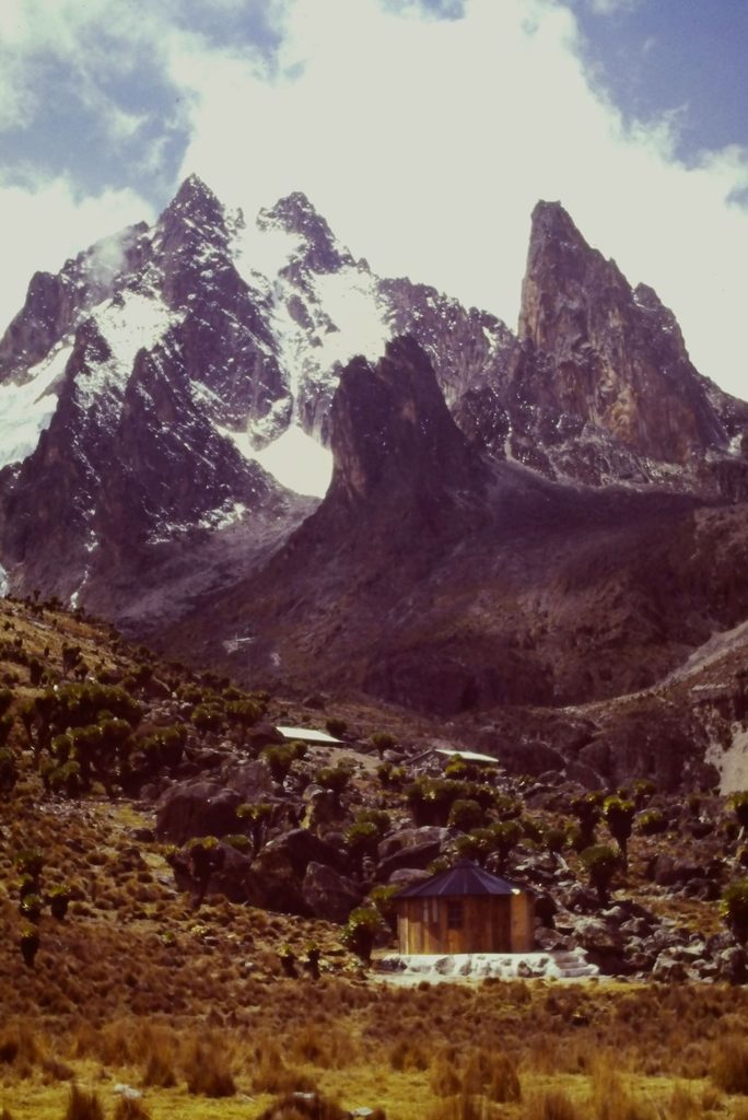 The southern faces of the Mt Kenya peaks Batiaan and Nelion at rear with icy south face. Point John on right and Midget peak in front