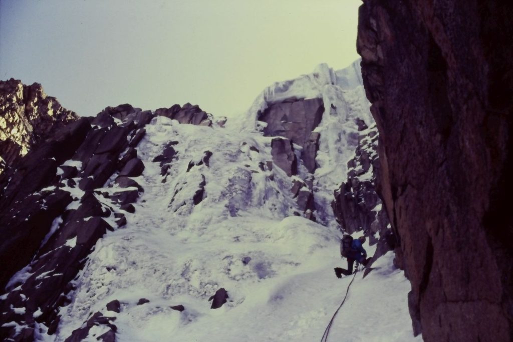 Steve arriving below the headwall on his left, while the Ice Window is just up above him
