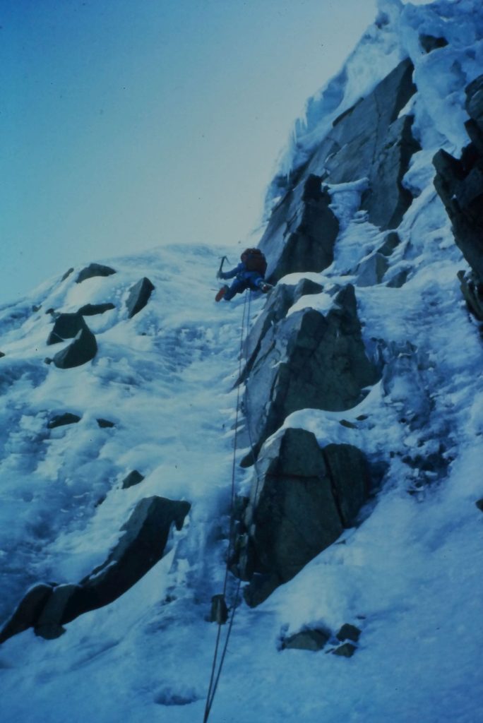 Nearing the top of the steep section of the headwall - the "breaking glass" is the grey section by the bottom rock outcrop. Steve Howe Photo